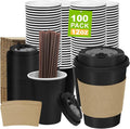 100 Pack 12 oz Disposable Coffee Cups with Lids and Sleeves, Leak-Proof To Go Coffee Cups, PLA Black Paper Coffee Cups for Hot Beverage