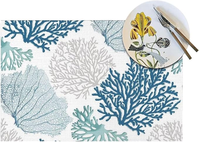 Placemats Set of 6 Nautical Blue Coral Place Mats Coastal Teal Beige Coral Woven Table Mats Washable Ocean Theme PVC Placemat for Dining Kitchen Decor Indoor Outdoor, 12 x 18 Inch