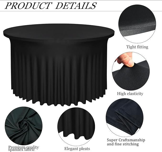 6 Pack 48" Diameter x 30" Height Black Table Skirt | Fits 4FT Round Tables | Polyester Spandex Cloths With Skirt | Stain, Wrinkle Resistant for Wedding, Party, Dining, Banquet