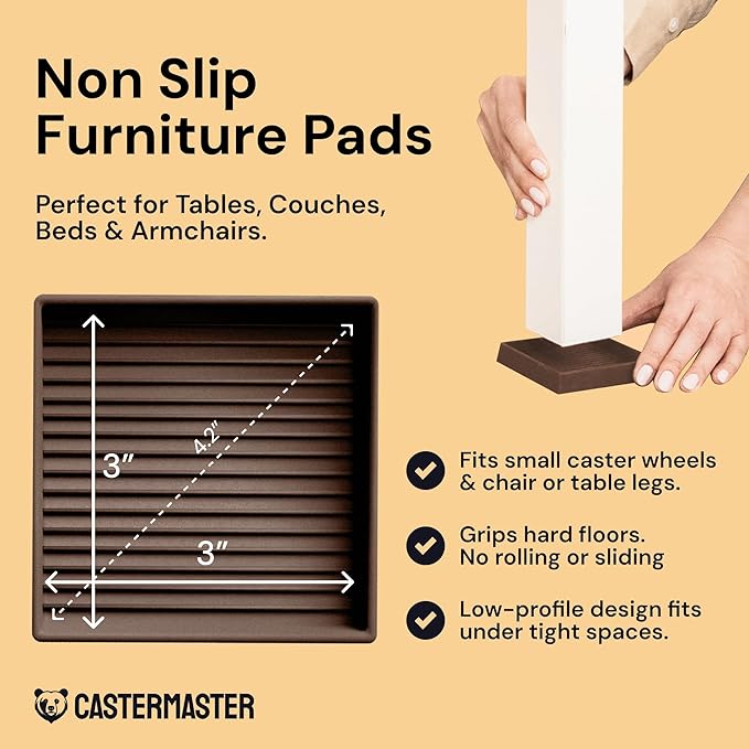 CasterMaster Non-Slip Rubber Furniture Pads - 3 in x 3 in Set of 4 Brown - Floor Protectors for Hardwood Floors & Chairs - Grippers & Rubber Feet for Furniture