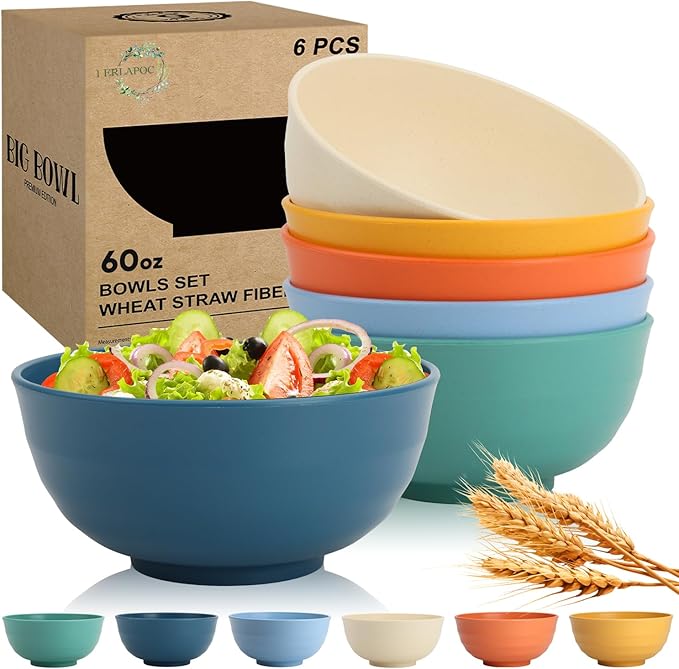 Wheat Straw Bowls 60 OZ, Unbreakable Large Salad Bowl Set of 6, Microwave and Dishwasher Safe Big Bowls for Kitchen, Camping, Picnic, RV, Serving Bowl Set for Ramen, Cereal, Soup - Multi