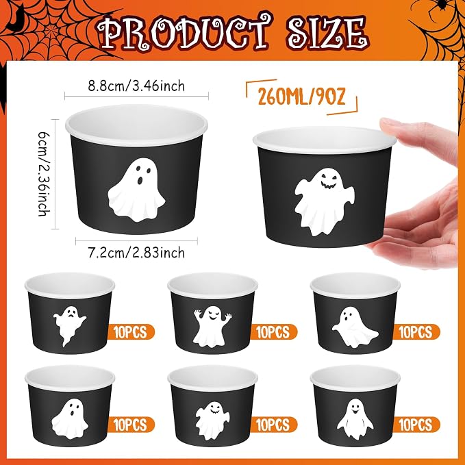 CHENGU 60 Pcs Halloween Snack Cups 9 oz Disposable Ghost Paper Ice Cream Bowls - Image 2
