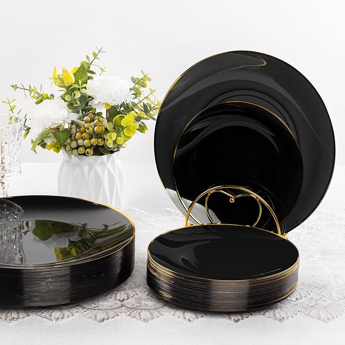 100 PCS Black Gold Plastic Plates, 10 inch Black Disposable Plates for Party, Plastic Dinner Plates for Party, Graduation, Birthday, Wedding