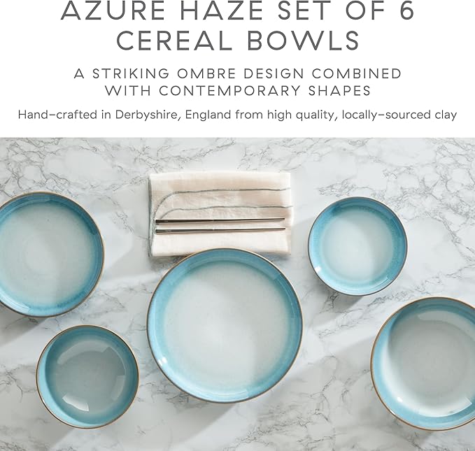 Denby - Azure Haze Coupe Cereal Bowls Set of 6-820ml, 6.75in - Dishwasher Microwave Safe - Blue Teal Reactive Glaze Ceramic Stoneware Soup Bowls Tableware - Scratch Chip Resistant