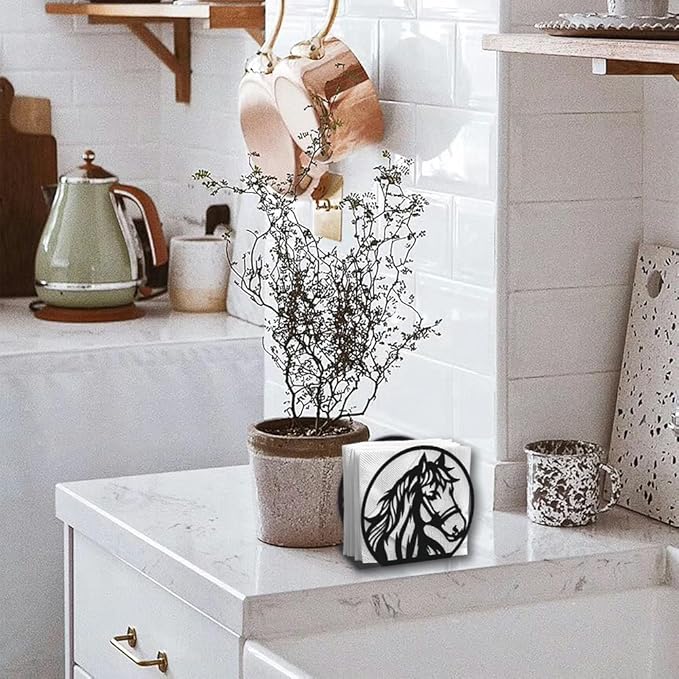 Horse Head Decorative Black Metal Napkin Holder for Table, 4.9" x 4.5" x 1.9" Horse Aniaml Standing Napkin Holder for Home Kitchen Restaurant Picnic Party Coffee Bar Dining Room