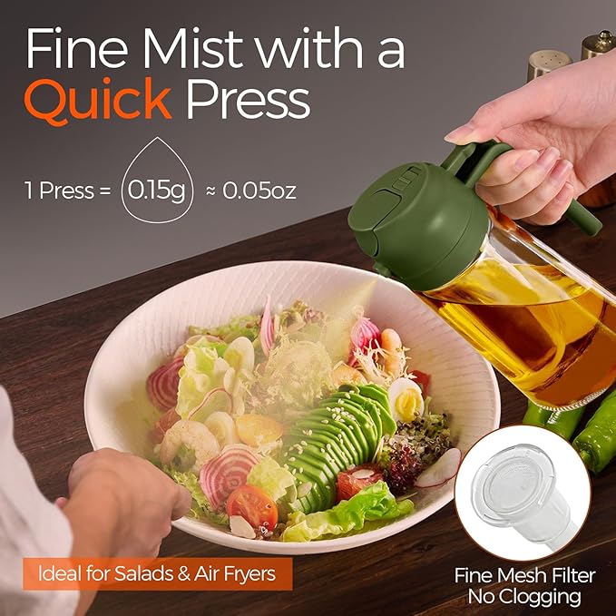 YARRAMATE 2Pcs 16oz/470ml Glass Olive Oil Sprayer for Cooking with Stickers, 2 in 1 Oil Dispenser for Kitchen Gadgets, Food Grade Premium Spray Bottle for Salad, BBQ (Black&OliveGreen)