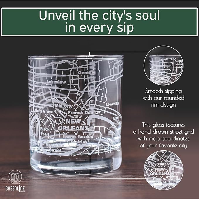 Greenline Goods Whiskey Glasses - 10 Oz Tumbler Gift Set for New Orleans lovers, Etched with New Orleans Map Old Fashioned Rocks Glass - Set of 2