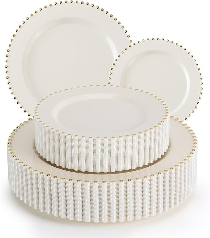 EI 60pcs Beige Plastic Plates with Gold Rim,Ivory Disposable Plates,Heavy Duty Fancy Plastic Plate,10.25" Dinner & 7.5" Dessert Plate Elegant for Party,Wedding,Birthday,Spring,Afternoon tea