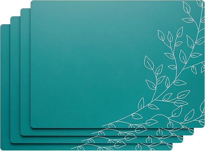 Royalty Art Deep Sea Green Boho Placemats, 4 Pc. Set, Non-Slip Cork Backed, Wipeable Heat Resistant Surface for Kitchen and Dining Table Protection, Cute Floral Pattern for Farmhouse or Rustic Decor