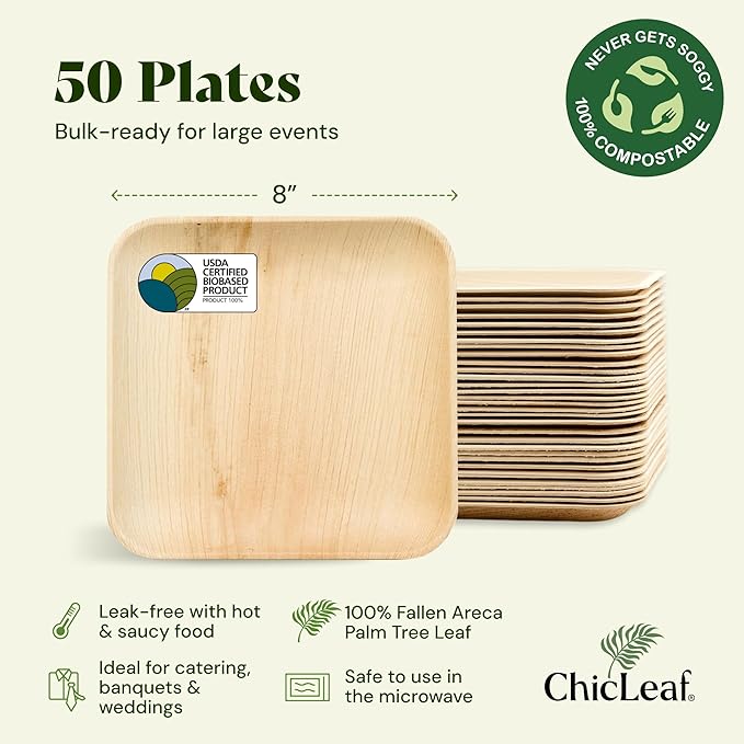 Chic Leaf Disposable Palm Leaf Plates - 50 Count, 8" Square, Christmas Meal - Bamboo Plates, Biodegradable & Compostable - Microwave Safe & Heavy Duty - Romantic Date Night Essentials Wedding Decor