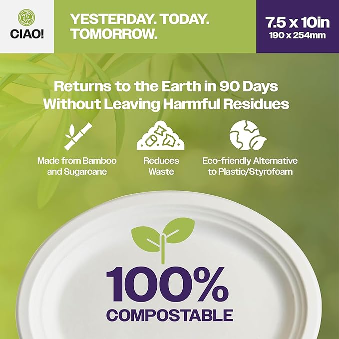 CIAO! 7.5"X10" Heavy Duty Oval Plate 100% Compostable PFAS Free made with Unbleached Bagasse Natural White (Pack of 500)