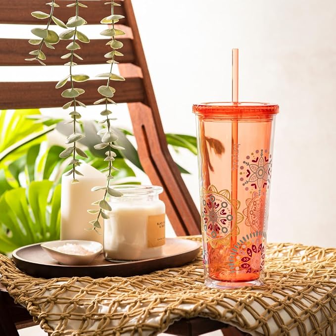 bzyoo 24oz Plastic Tumbler Cup, Lid & Straw, Iced Coffee, Medallion Orange | - Image 7