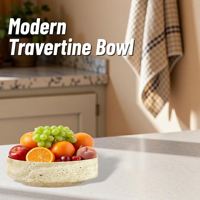 Natural Travertine Marble Bowl - 7.8″ Handcrafted Stone Decorative Bowl for Kitchen Fruit, Entryway Keys, Dining Table Centerpiece & Modern Home Decor