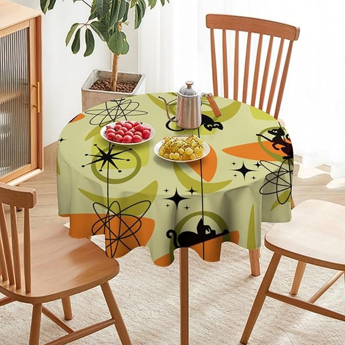 Mid Century Black Cat Round Tablecloth, Vintage Modern Bohemian Abstract Geometric Retro Art Tablecloth for Home Party Dining Room Kitchen Decor 60Inch(152cm)