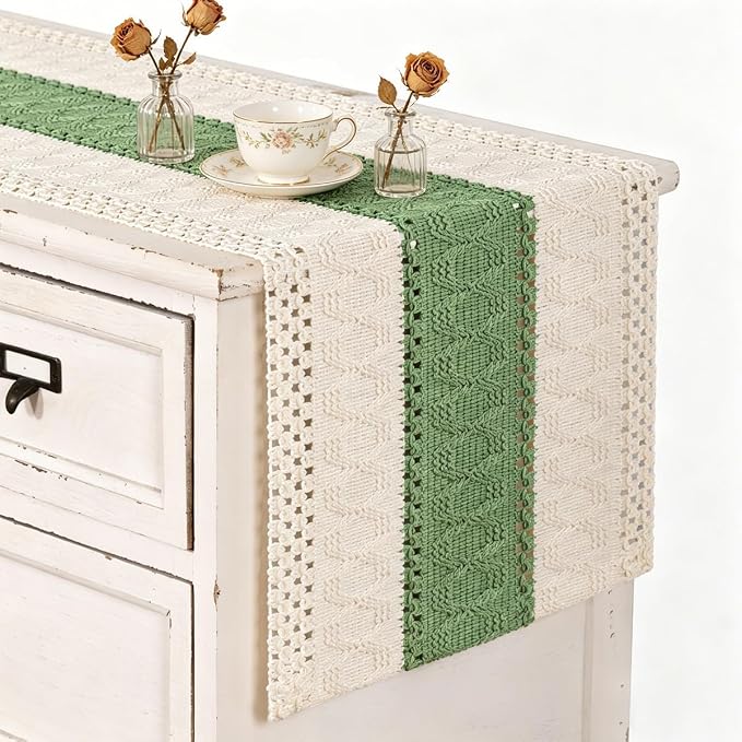 Ivory & Sage Boho Table Runner Macrame Woven Table Runner 12x48 Inch | Small - Image 2