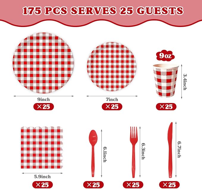 Vyntra Red Checkered Paper Plates and Napkins Set - Image 3