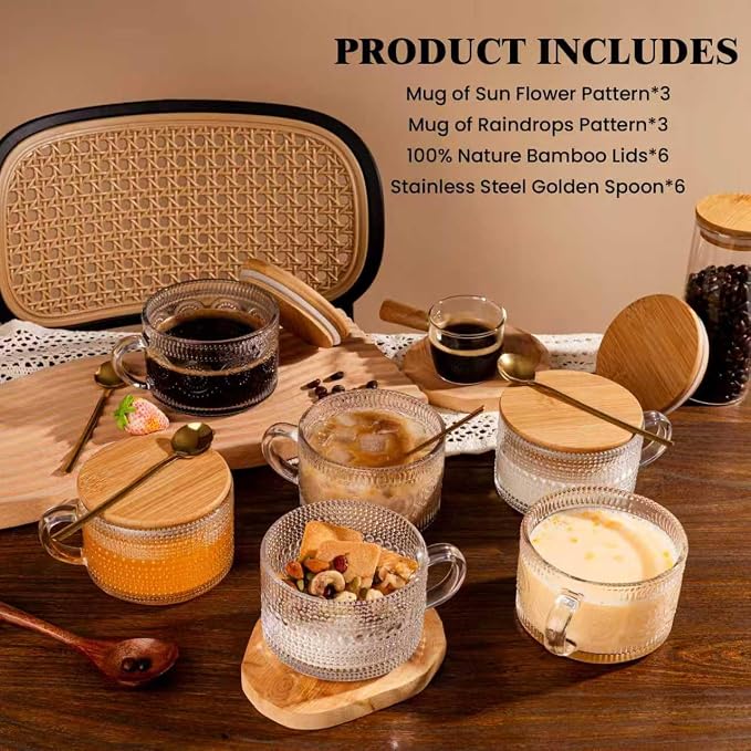 6 PACK Vintage Glass Coffee Mugs 14oz Clear Embossed Tea Cup Set - Image 4