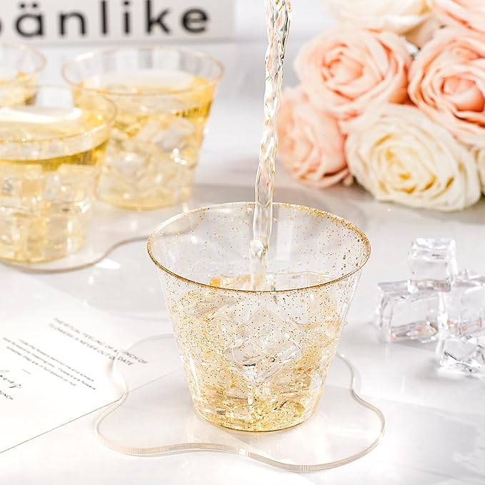 Goodluck 9 oz 200 PCS Gold Glitter Plastic Cups, Disposable Glitter Cups, Elegant Plastic Cocktail Glasses, Fancy Party Cups for Wedding, Birthday, Holiday