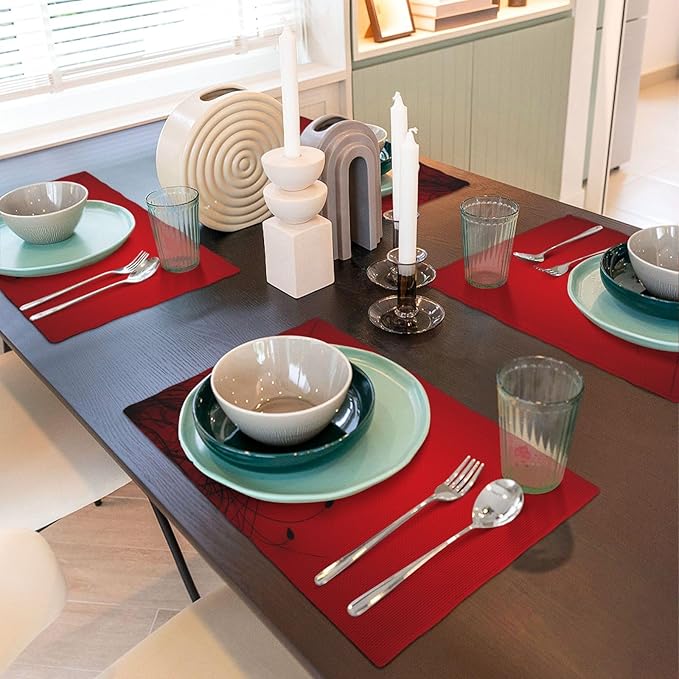 Red Black Abstract Flower Placemats Set of 4 Retro Floral Linen Washable Placemat Kitchen Dining Heat-Resistant Modern Rustic Place Mats Desktop Decor Table Mats 12x18 Inch