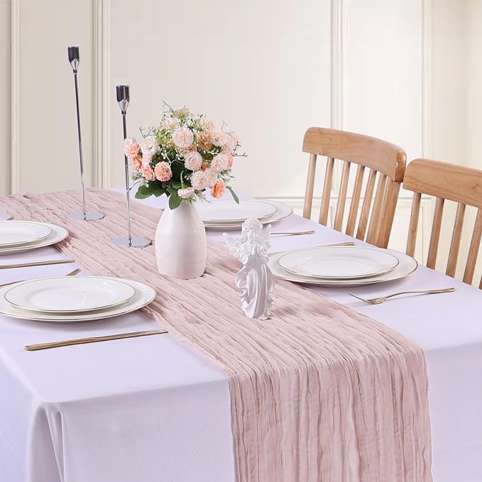 Crinkle Cheesecloth Table Runner 35x157 Inch Long Dusty Pink Boho Table Runner - Image 5
