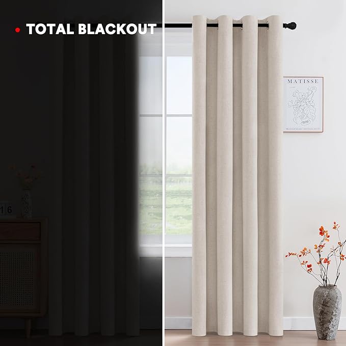 PrinceDeco Thick Linen Blackout Curtains Room Darkening Curtains 84 Inch Length Black Out Curtains for Bedroom Cold and Full Light Blocking Drapes with White Liner Grommet(2 Panels,Heathered Natural)