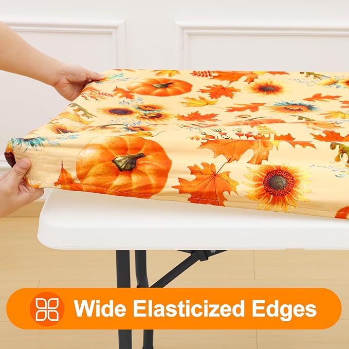 Smiry Plastic Thanksgiving Tablecloth, Sunflower & Pumpkin Wipeable Flannel Backed Vinyl Tablecloths for 6 Foot Tables, Waterproof Elastic Fitted Table Covers for Autumn Harvest (Gold, 30x72 Inches)