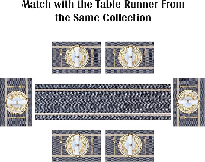 FAVE Placemats Set of 4 Blue Placemats Woven with Golden Thread Durable Wipeable Vinyl Placemats Table Mats Set of 4 for Wedding, Banquet, Birthday, Party, Restaurant Decorations(Blue, 12"x18"-4PCS)