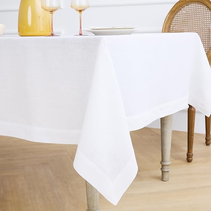 Solino Home White Linen Tablecloth 60 x 84 Inch - 100% Pure Linen Table Cloth for Rectangle Tables - Fete, Machine Washable Tablecloth for Winter, Valentines, Spring, Easter