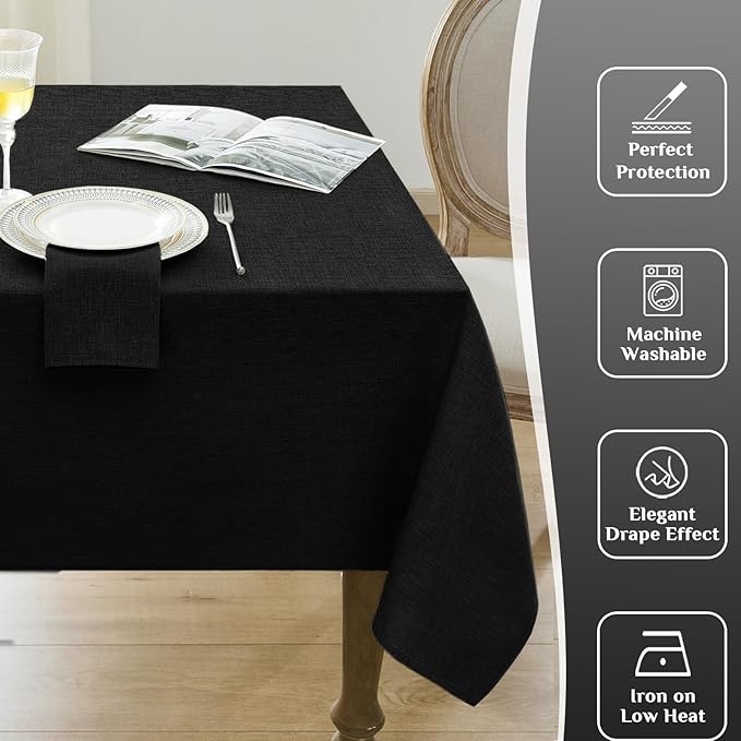 Softalker Black Tablecloths Rectangular 84x60 inch Linen Textured Table Cloth Waterproof, Stain and Wrinkle Resistant, Outdoor Table Cloth for 6 Foot Rectangle Tables Decor for Party Holiday Birthday