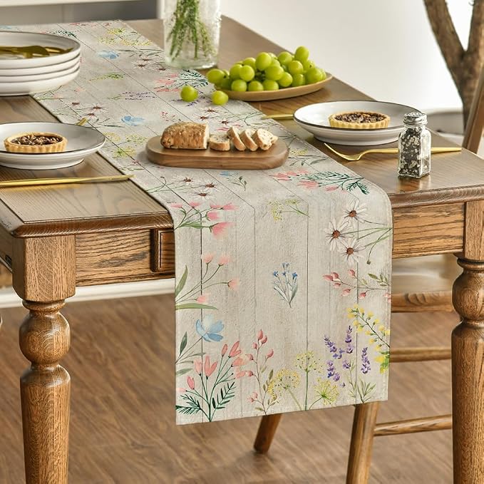 Artoid Mode Wood Flowers Floral Spring Table Runner, Seasonal Summer Kitchen - Image 2