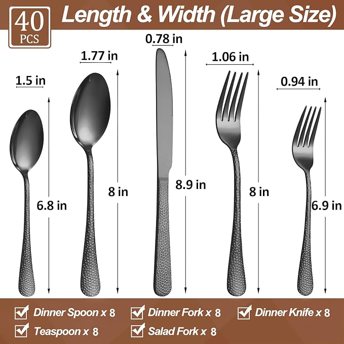 40 Pcs Black Silverware Set for 8, Food Grade Stainless Steel Flatware Set - Image 2