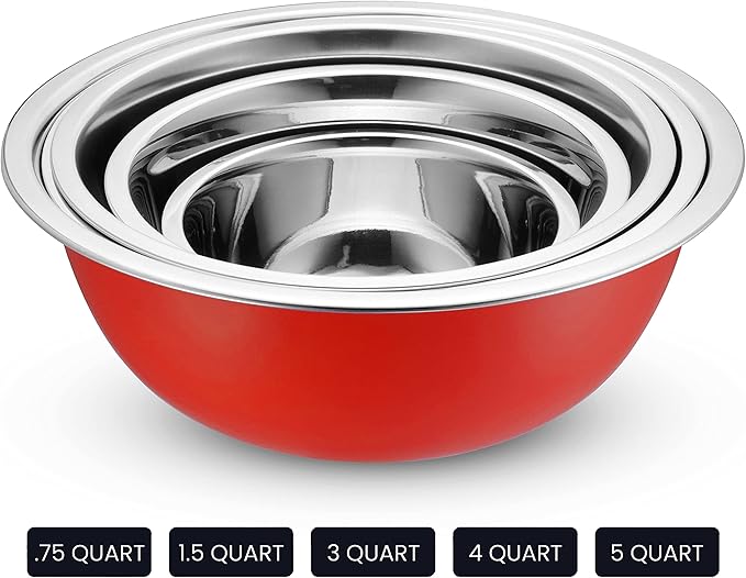 WHYSKO Stainless Steel Mixing Bowl Set, 10 Piece Stainless Steel Mixing Bowls with Lids Set for Food Prep Storage and Serving, Dishwasher Safe for Kitchen Baking Cooking, Red
