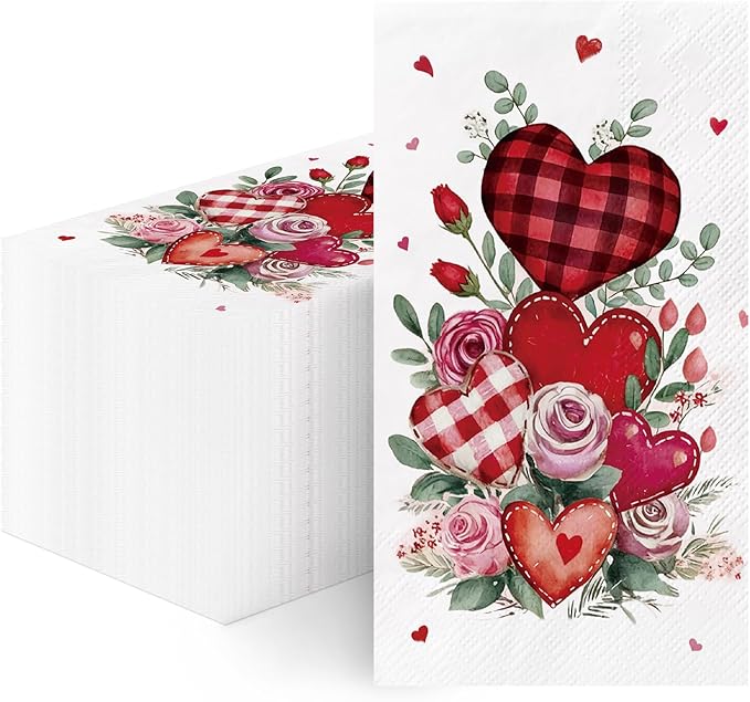 Valentine' s Day Paper Napkins - 100 Pcs Red Checkered Heart Rose Decorative Napkin Sets Disposable, Gingham Dinner Guest Party Decorations Supplies for Holiday Engagement Wedding 7.9 x 4.3 In