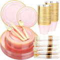 WELLIFE 350Pcs Clear-Pink Plastic Dinnerware- Pink and Gold Plastic Dinnerware by WELLIFE