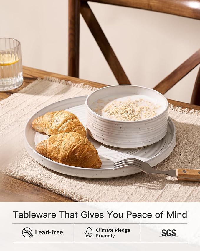 Stoneware Dinnerware Set, Highly Chip & Scratch Resistant Everyday Plates and Bowls for 8 (24pcs), Reactive Glaze Speckled Ceramic Straight Dishes with Gift Box, Microwave Dishwasher Safe, White