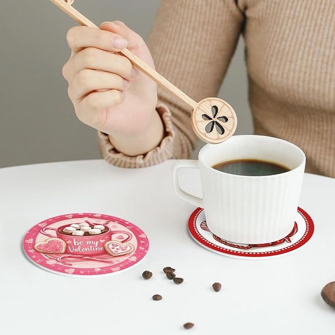 Sweetheart Coasters for Drinks with Holder Round Leather Coasters Set of 6 Cups Mugs Mat Pad for Home Kitchen Bar