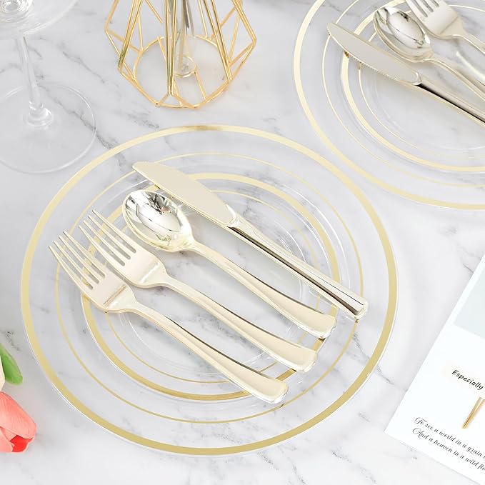 BESTVIP 300PCS Clear Gold Plastic Plate Set (50 Guests), Disposable Dinnerware Set for Party, Wedding, Birthday - 100 Plates, 100 Forks, 50 Spoons, 50 Knives for Christmas