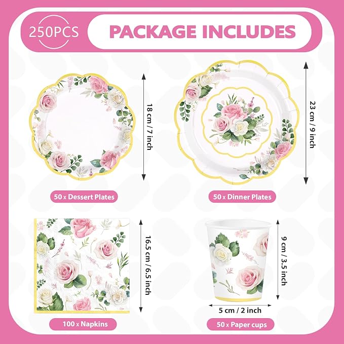 250 Pcs Floral Tea Themed Party Decorations, Serves 50 | Pink Floral Scalloped - Image 4