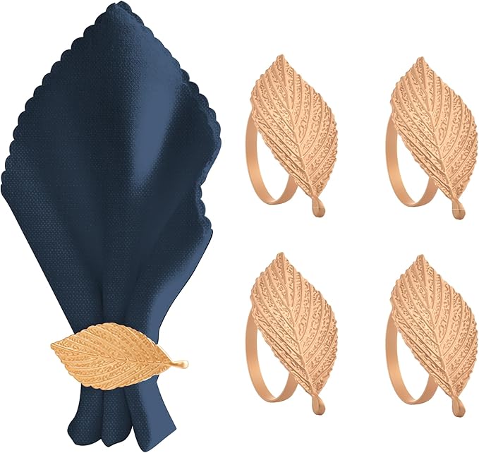 Decozen Set of 16 Gold Napkin Rings in Leaf Design, Festive, Table Decor Setting for Holiday, Wedding, Birthday, Kitchen, Home Decor, Housewarming Gift - Mothers Day Decorations