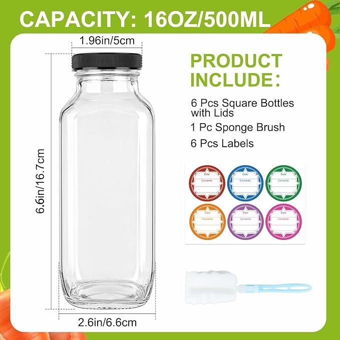 GUANENA 6 Pack Glass Drink Bottles, 16 OZ Vintage Square Water Bottles - Image 2
