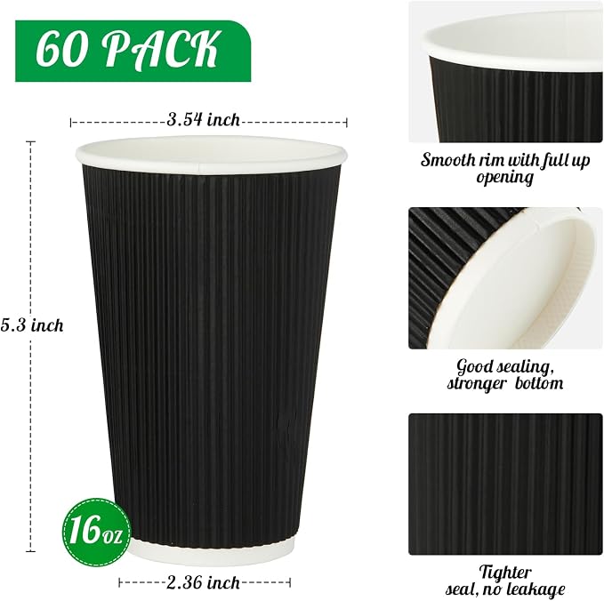JollyPack Disposable Paper Coffee Cups, 16 oz, 60 Pack, Insulated Ripple Wall - Image 2