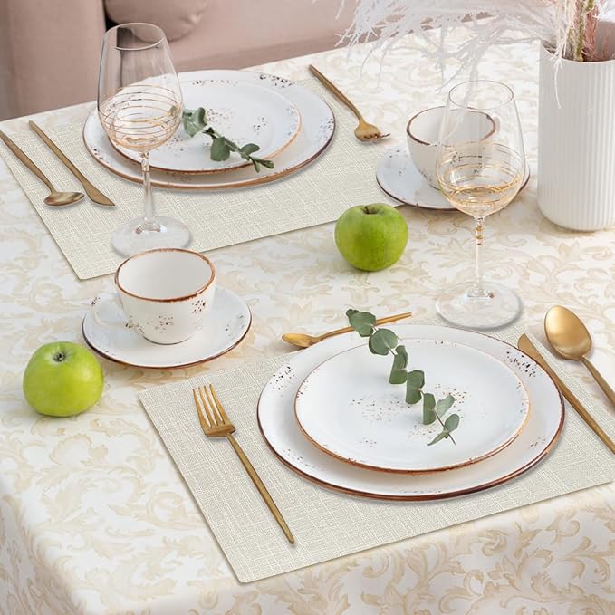 Table Placemats Set of 8, Washable Dining Table Mats Cloth Place Mats for Kitchen Table, Square Farmhouse Fall Placemats for Indoors & Outdoors, Easy to Clean(Beige)