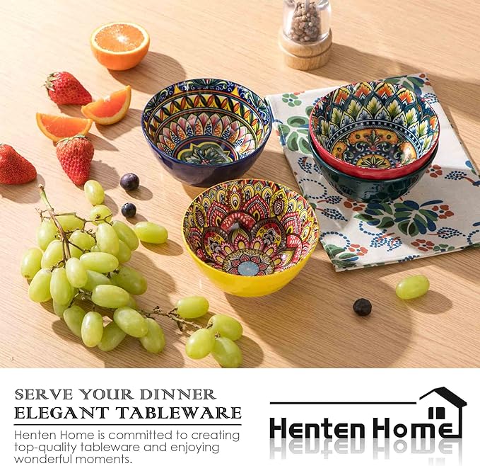 Henten Home Small Dessert Bowls Set of 6, Ceramic 12 oz Rice Bowls Set, Porcelain Colorful Serving Bowls for Snack, Ice Cream, Salad, Bohemia Style, Microwave & Dishwasher Safe