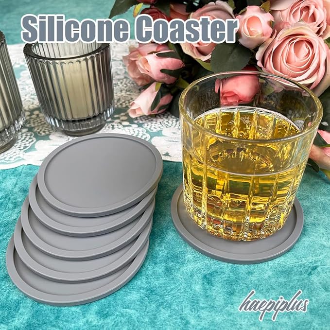 6 Pieces Silicone Coasters, Cup Coasters for Drinks, Heat Resistant Glass Cushion, Coffee Coaster for Table, Desk, Kitchen, Office, Bar Furniture Protection, Hot Cup Mat (Grey)