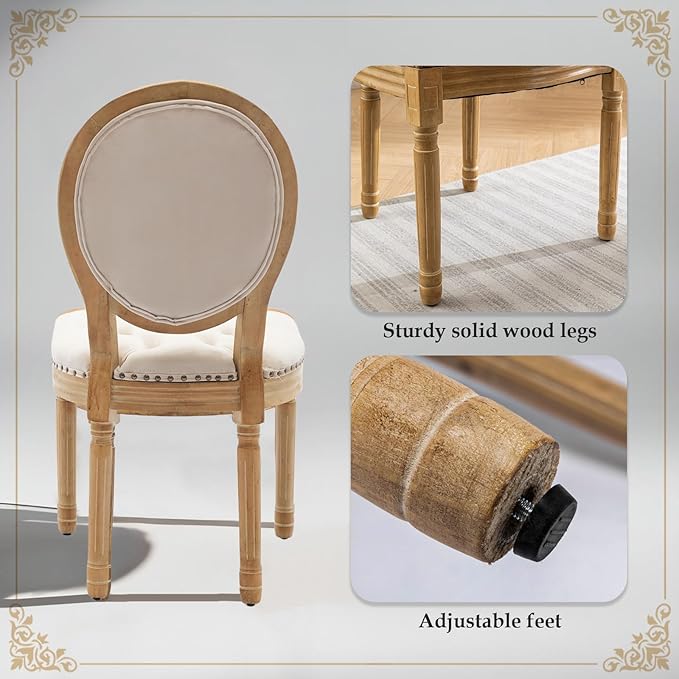 SoarFlash French Velvet Dining Chairs Set of 4, Vantage Dining Chair with Round Back, Wood Leg Farmhouse Country Dining Chair for Kitchen,Bedroom,Beige