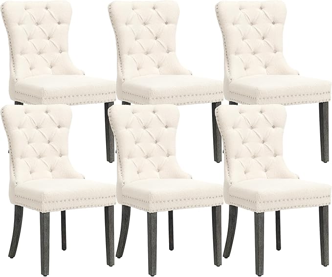 KCC Boucle Dining Chairs Set of 6, Upholstered High-end Tufted Dining Room Chair with Nailhead Back Ring Pull Trim Solid Wood Legs, Contemporary Nikki Collection Modern Style for Kitchen, Cream