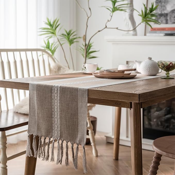 Farmhouse Table Runner, Embroidered Striped Braided Coffee Boho Table Runner - Image 4