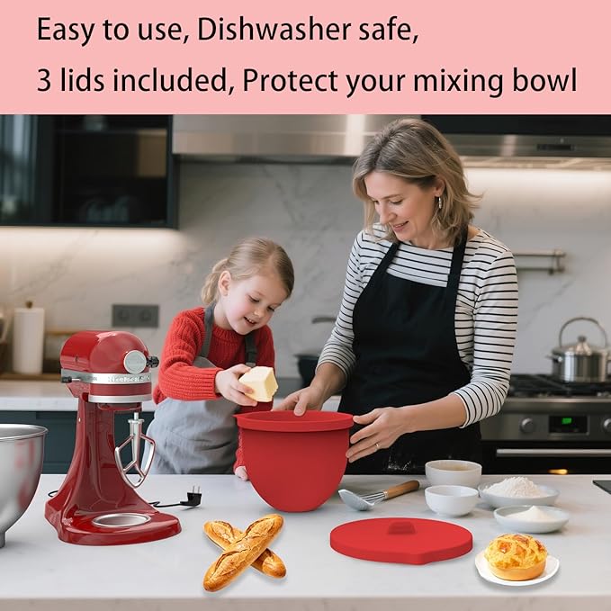 Saphe Silicone bowl Liners for KitchenAid 5 Quart Stand Mixer - Stand Mixer parts & Accessories, 3 packs mixaid silicone Liners with Lids (red+gray+white)