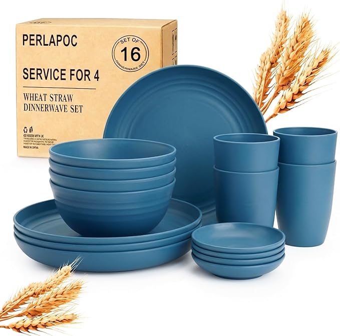 16 PCS Wheat Straw Plates and Bowls Sets, Kids Dishes Dinnerware Sets by Perlapoc