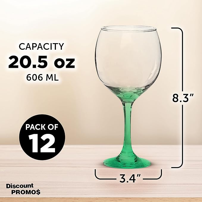 DISCOUNT PROMOS Premiere Wedding Wine Glasses 20.5 oz. Set of 12, Bulk Pack - Restaurant Glassware, Perfect for Red Wine or White Wine - Green